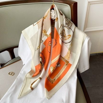 Women Simple Stripe Bow Dot Print Chiffon Square Silk Scarf