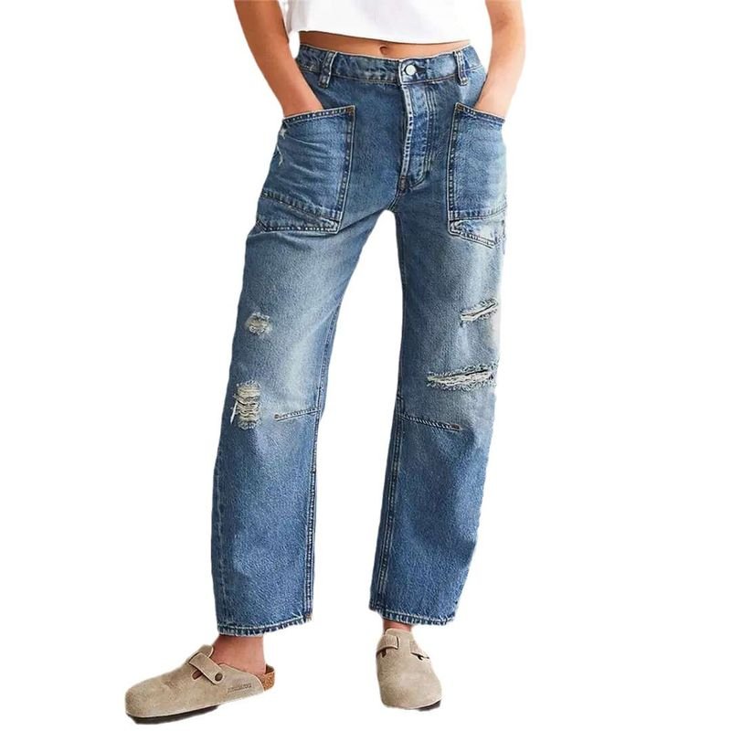 Vintage Ripped Jeans Casual Women Loose Straight Ripped Denim Pants