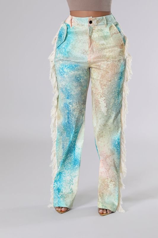 Women'S Fashion Printed Side Fringe Straight Leg Pants