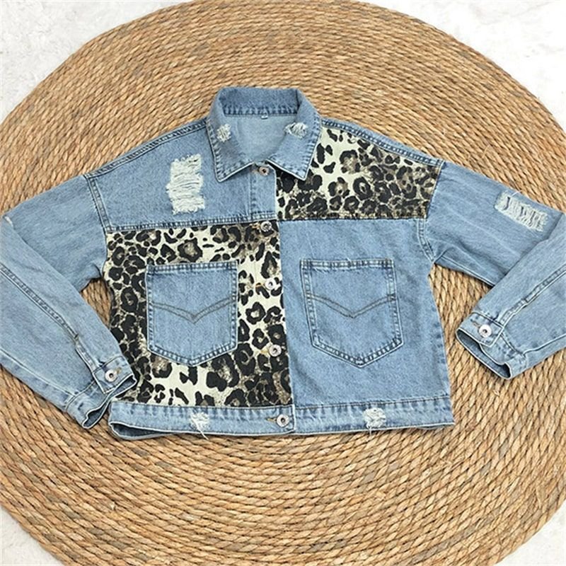 S-XL Women Autumn Casual Vintage Patchwork Leopard Loose Denim Jacket Top